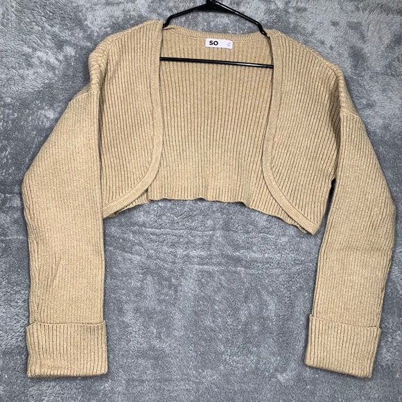 SO Women’s Ribbed Shrug Cardigan Size M Beige Open Front Long Sleeve Knit Bolero - Picture 1 of 7